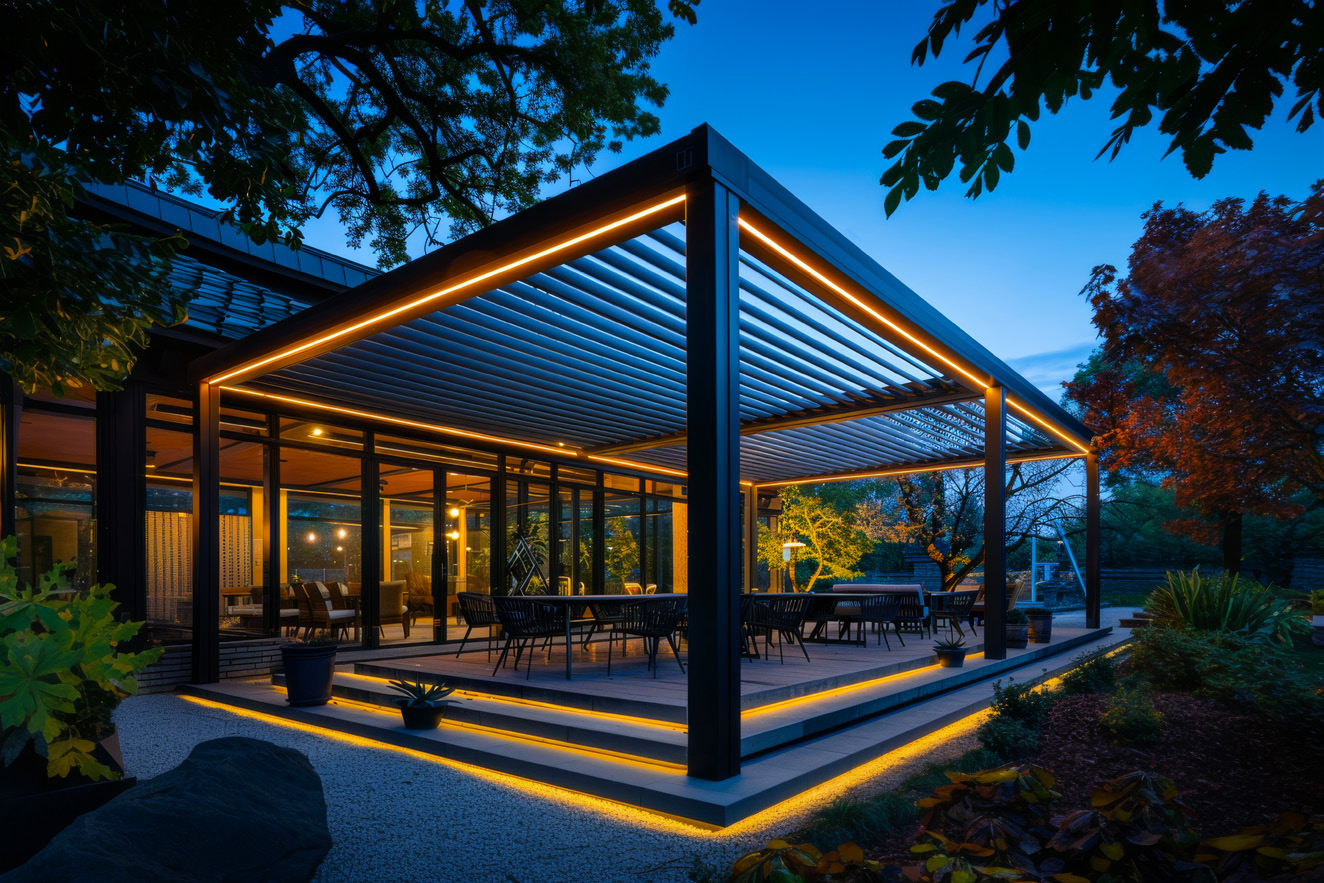 Aluminium pergola with outdoor lighting (illustrative)