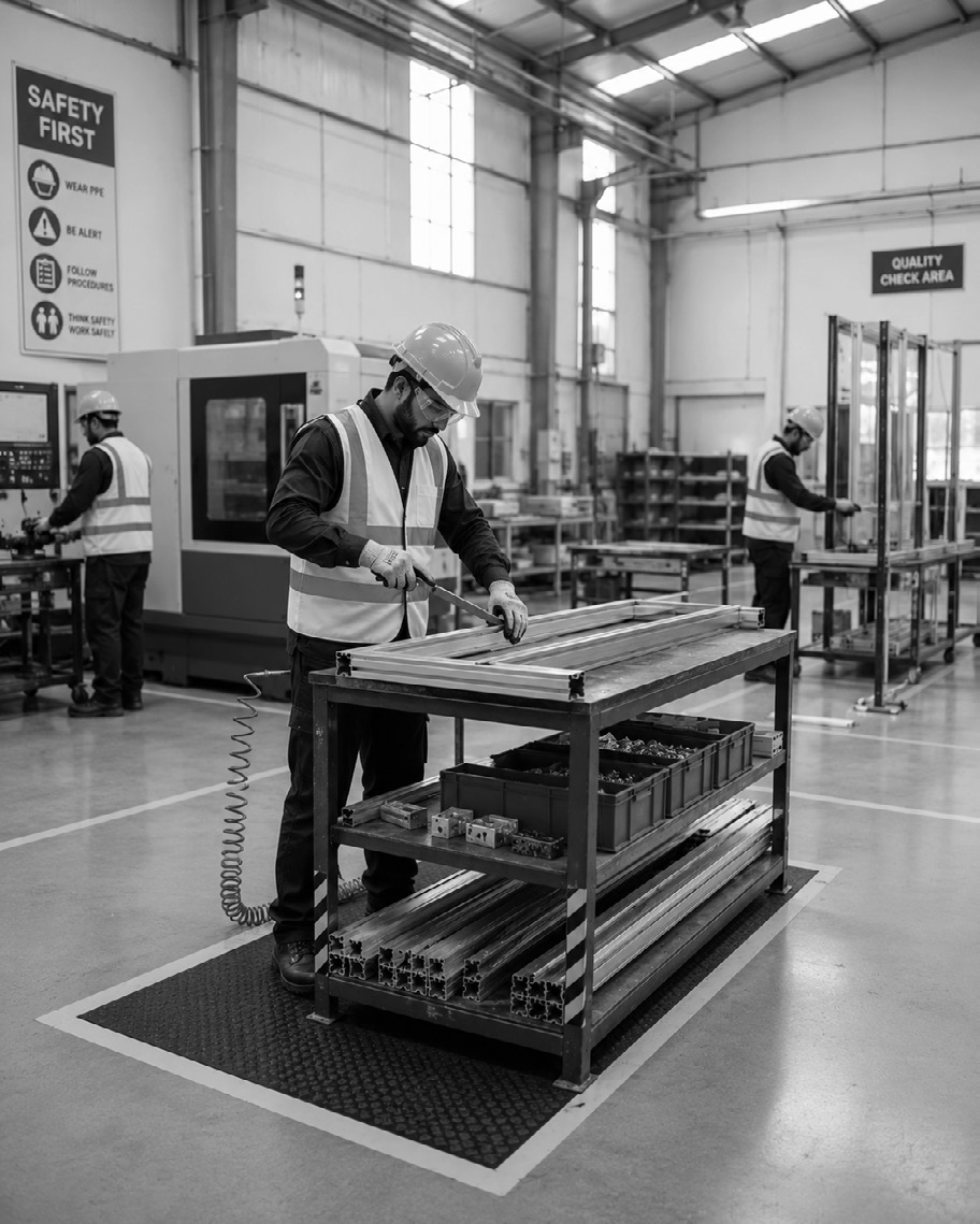 Aluminium fabrication machinery in the Dreams workshop, Ajman